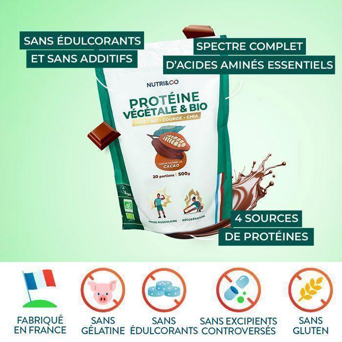 Protéine Végétale BIO - Pois, Riz, Chia & Courge - Alternative À La Whey - Riche En BCAA - Saveur Cacao - 500g Vegan - Nutri&Co