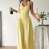 Women Yellow Halter Neck Maxi Dress Sleeveless V-Neck Backless A-Line Long Dress Casual Summer Elegant Beach Party Dresses