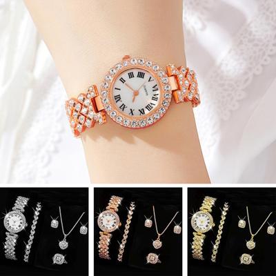 5 Adet/takım Kadınlar Lüks Parlak Rhinestone Takı Seti Yuvarlak Kadran Kuvars İzle Charm Kolye Damızlık Küpe Parmak Yüzük Seti