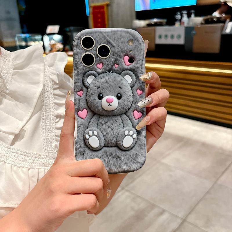 For iPhone 17 16 15 14 13 12 11 Pro Max XS X XR 15 16 Plus 16E 17Air Cute Cartoon Grizzly Bear Pink Heart Printed Silicone Cover