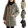 Winter Coat Round Neck Long Sleeve Single Breasted Plush Jacket with Pockets Solid Color Mid-length Imitation Fur Outerwear