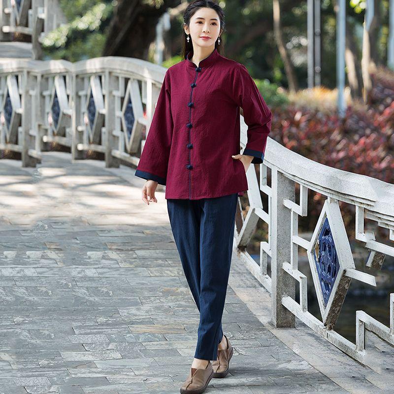 

Хлопковая и льняная одежда для йоги, повседневный свободный костюм для тай-чи в китайском стиле из двух предметов XL красный