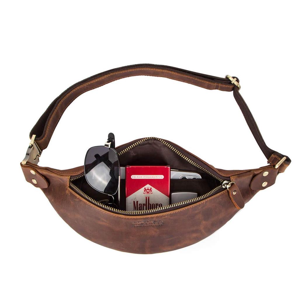 Contacts Genuine Leather Waist Pouch for Large Cowhide Leather Body Outdoor Gift Men, Capacity, Bag, Lightweight, Use, (Coffee)