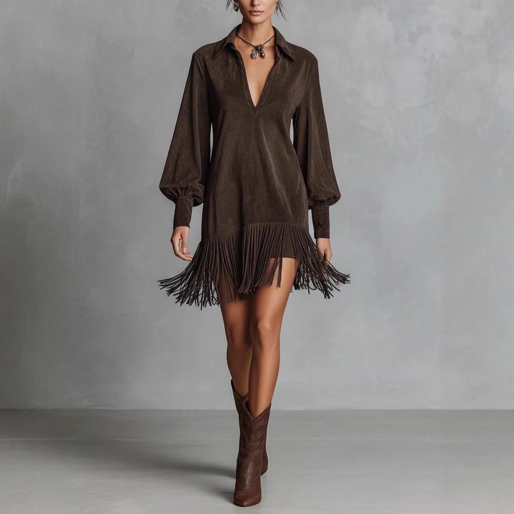 Western Cowboy Faux Suede Fringed Slim Fit V-Neck Dress for Women