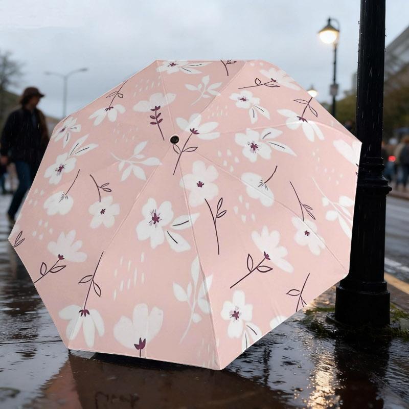 

1pc Automatic Folding Umbrella - Soft and Fresh Pink Base with White Floral Pattern, Sun and Rain Protection Umbrella, Sunscre (as the picture,iron&8K)