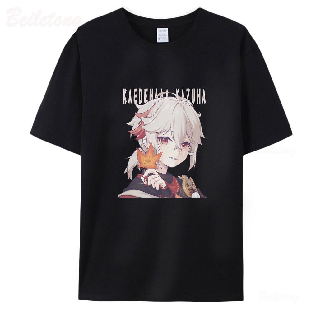 Genshin Impact Kaedehara Kazuha T Shirts Men Women Short Sleeve Unisex Tees100% Cotton Summer Streetwear Print O-Neck Black Tops