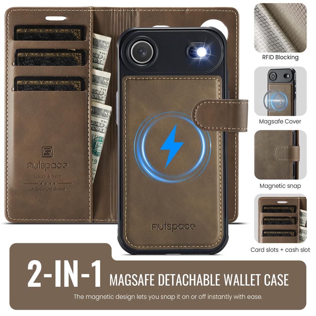 2-in-1 Magnetic Magnetic Detachable Wallet Case for iPhone 17/17 Pro/17 Max/17 Air - PU Leather, Card Slots, MagSafe Charging, 360° Protection