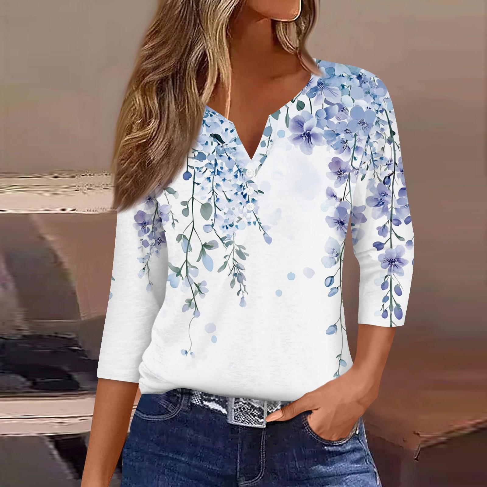 

Жен. Футболка Футболка С принтом Пуговицы Рукав 3/4 Повседневные Выходные Мода Классический V-образный вырез Обычный Топ M белый