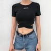 Summer Black T-shirt Women's Short Sleeve Cross Lace-up Sports Dancing Tight Short Top