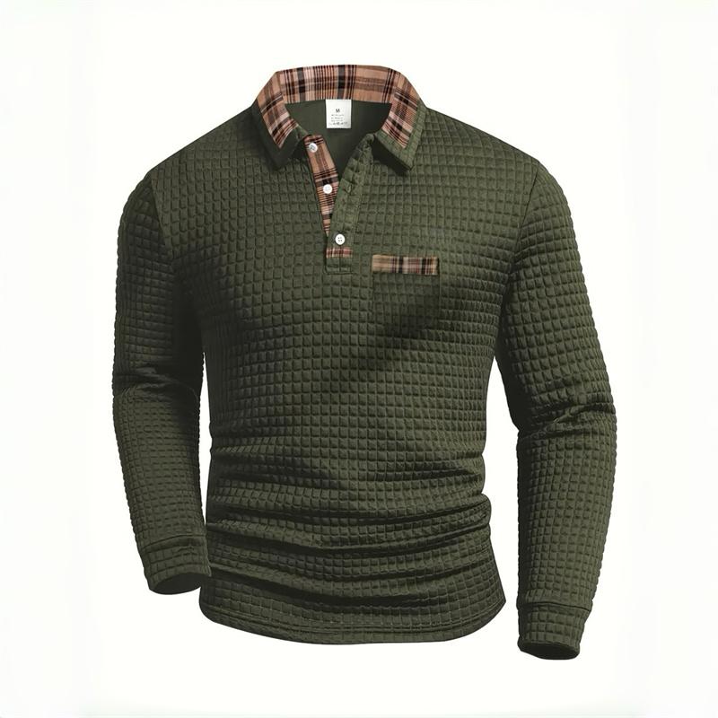Herren Casual Polka Dot Jacquard Unifarben Langarm Poloshirt Kariert Patchwork Kragen Tasche Oberteil Lässiger Business Stil
