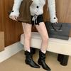Fairy wind square head thick heel boots female 2025 autumn and winter new pleated pile boots western cowboy boots medium boots