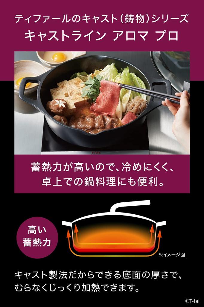 Tefal pot 28cm Cast line yet light and easy to use Compatible with IH gas fires Free of harmful substances such as PFOA and Aroma Pro Shallow Black