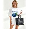 Koszulka Oversize Czarna Nadruk Owoców Borówki i Tekstu Odzież Codzienna Dla Kobiet Letni Strój Moda Streetwear Top