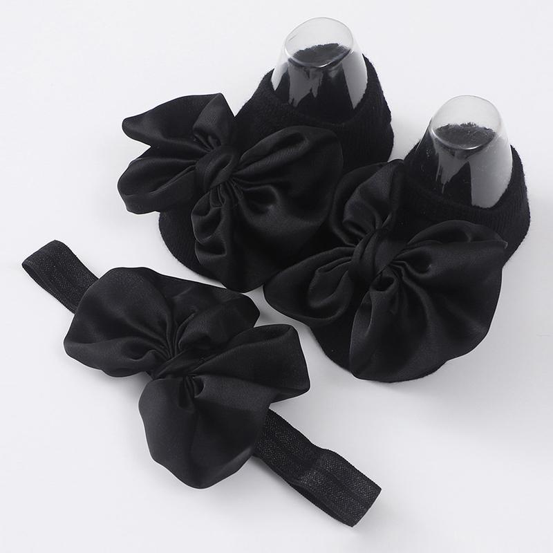 2Pcs Baby Bow Headband Socks Set Toddler Girls Solid Color Bowknot Elastic Hairband Turban Soft Anti-Slip Socks Kids Accessories