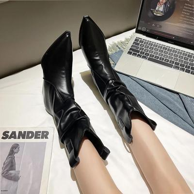 Botas de Cano Curto Femininas Sapatos de Salto Alto Bico Fino Chelsea Feminino Inverno Pelúcia Neve 2024 Tendência Meio da Panturrilha Gótico Saltos Altos Sexy Botas Mujer