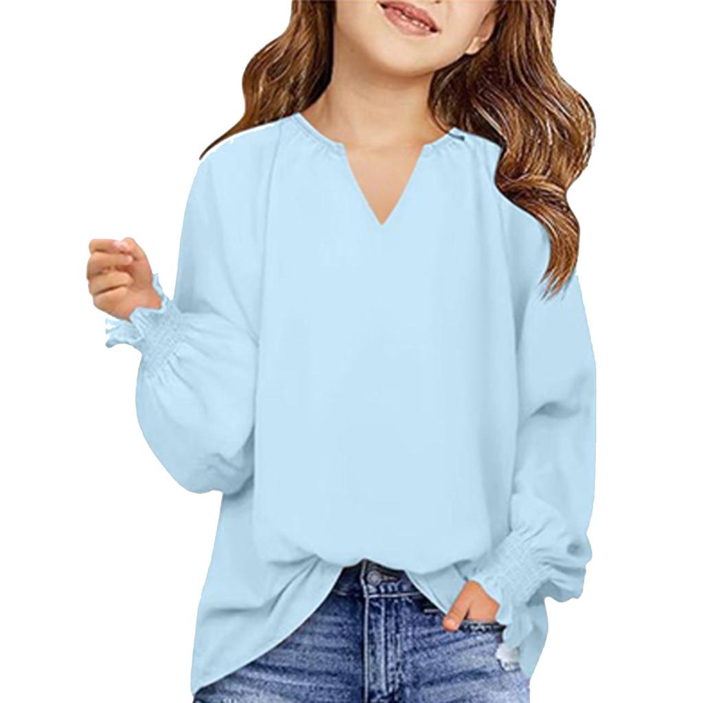 Girls' Long Sleeve Tee - Solid Color Loose Fit Casual Top