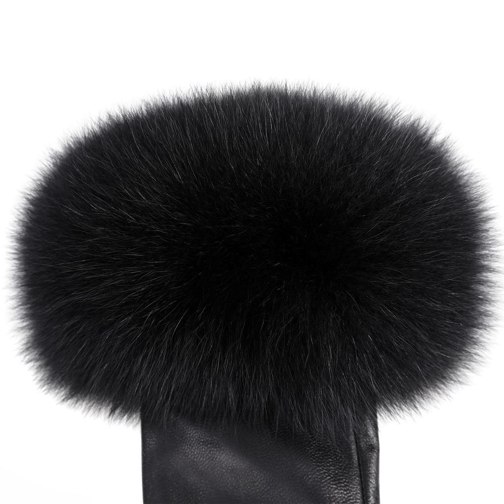Women Genuine Lambskin Leather Gloves With Real Fox Fur Trim Cuff Winter Warm Driving Gloves-Velvet Lined