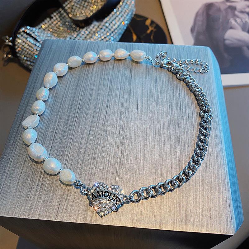 

Special-Shaped Freshwater Pearl Collarbone Chain Wind Temperament Splicing Chain Flash Diamond Letter Love Pendant Necklace