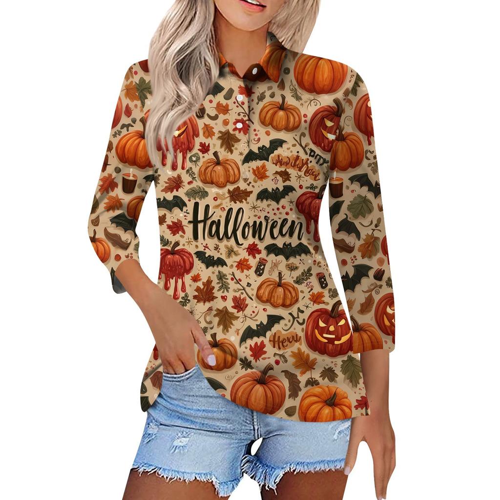 Dammode Casual Revers Kort 3/4 Ärm Halloween Tryck Skjorta Dambutton Up Toppar