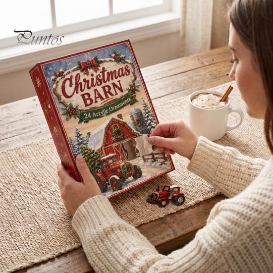 Family Christmas Tradition Farm Advent Calendar 24Pcs Acrylic 2D Ornament Set with Rustic Barn Unique Countdown Kit Animal Designs for Holiday