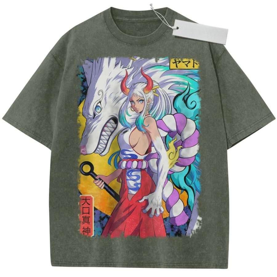 Vintage Washed Pink TShirt One Piece Anime Yamato White Wolf Print Oversize Streetwear Top Casual Daily Wear