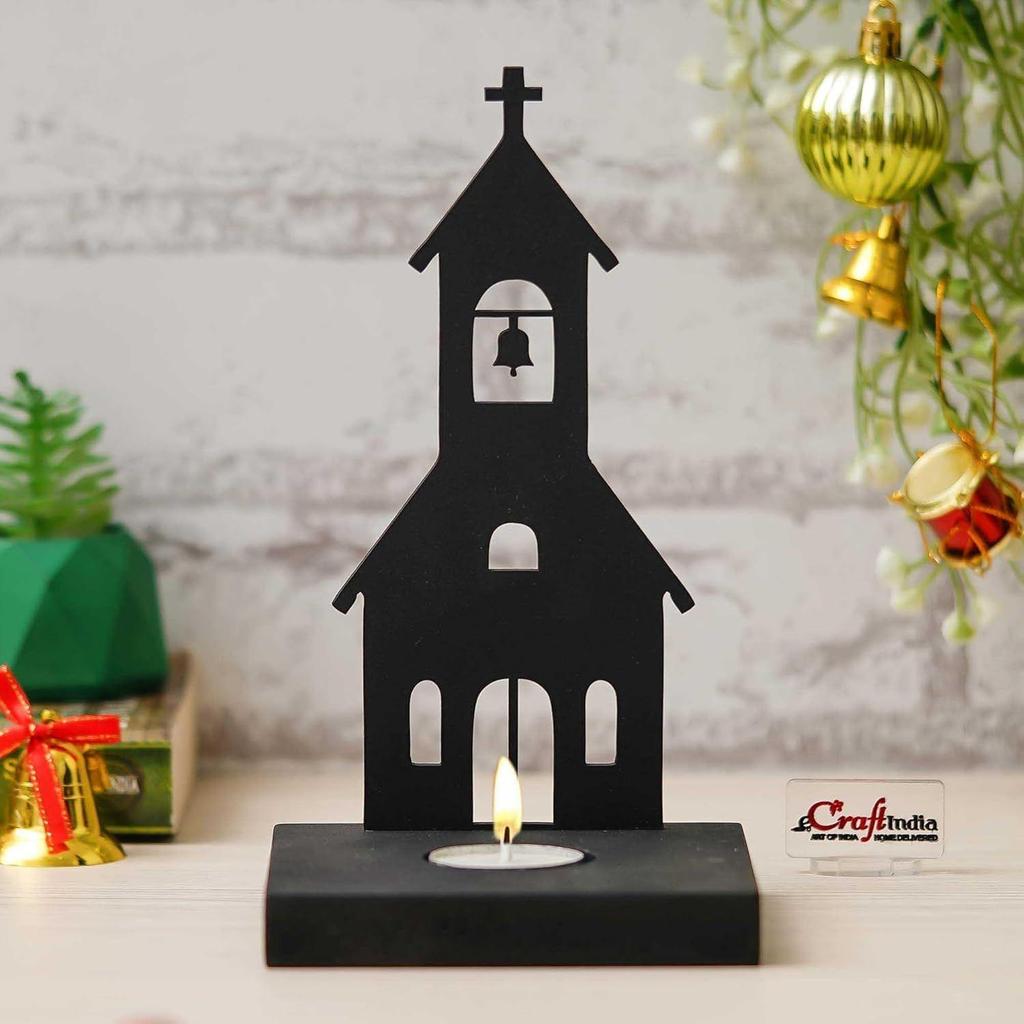 Merry Christmas Charming Church Decorative Tea Light Candle Holder(Wooden Black)Tea Light Holder| Christmas Decoration Items