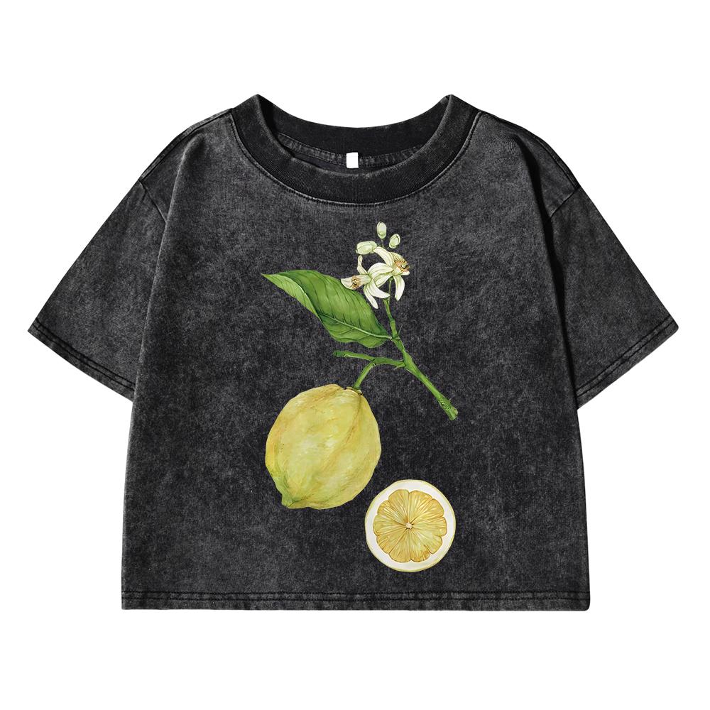Lemon Branches Simple Printing Female Washed Short T-Shirt Summer Cool T Shirts Distress Clothes Breathable Soft Tops