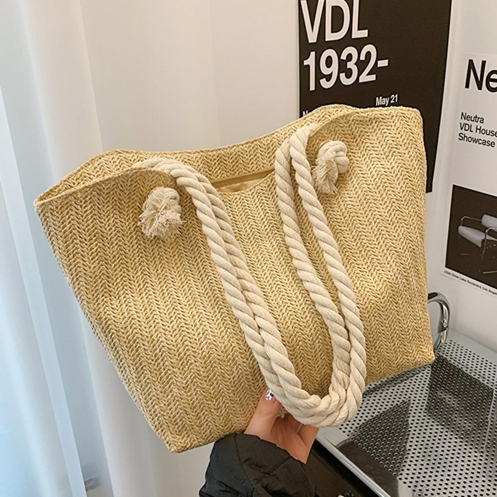 Solid Color Women Straw Tote Bag Bohemian Underarm Shoulder Bag Casual Beach Handbag  Travel