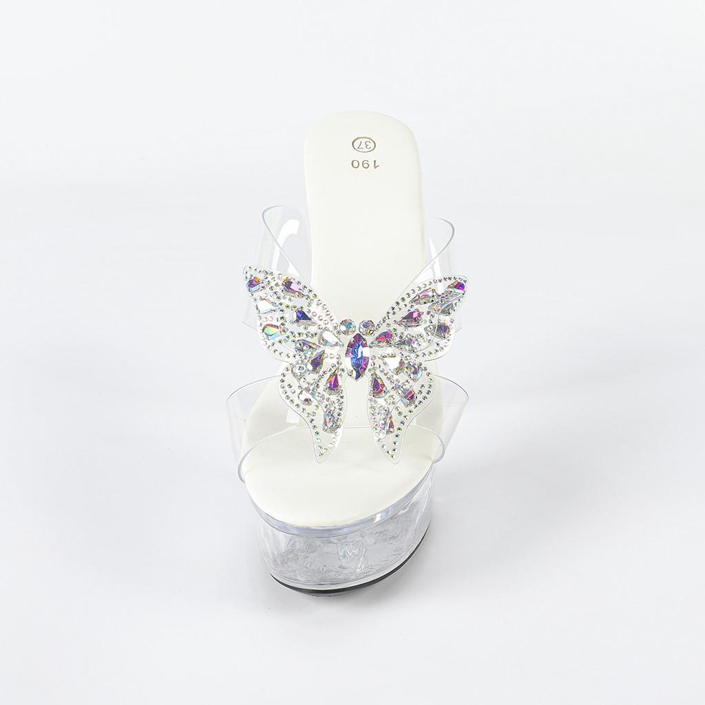 Rhinestone Sexy High Heel 15CM Thin Heel Waterproof Table Slippers Transparent Crystal Shoes Wedding Shoes Banquet High Heel