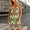Women's Summer Casual Square Neck Pleated Front With Pocket Printed Short Sleeve Dresses
