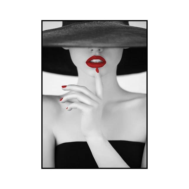 Modern Black and White Sexy Smoking Women with Red Lip Hat Print Art Canvas Poster for Living Room Decoration Home Wall Decor