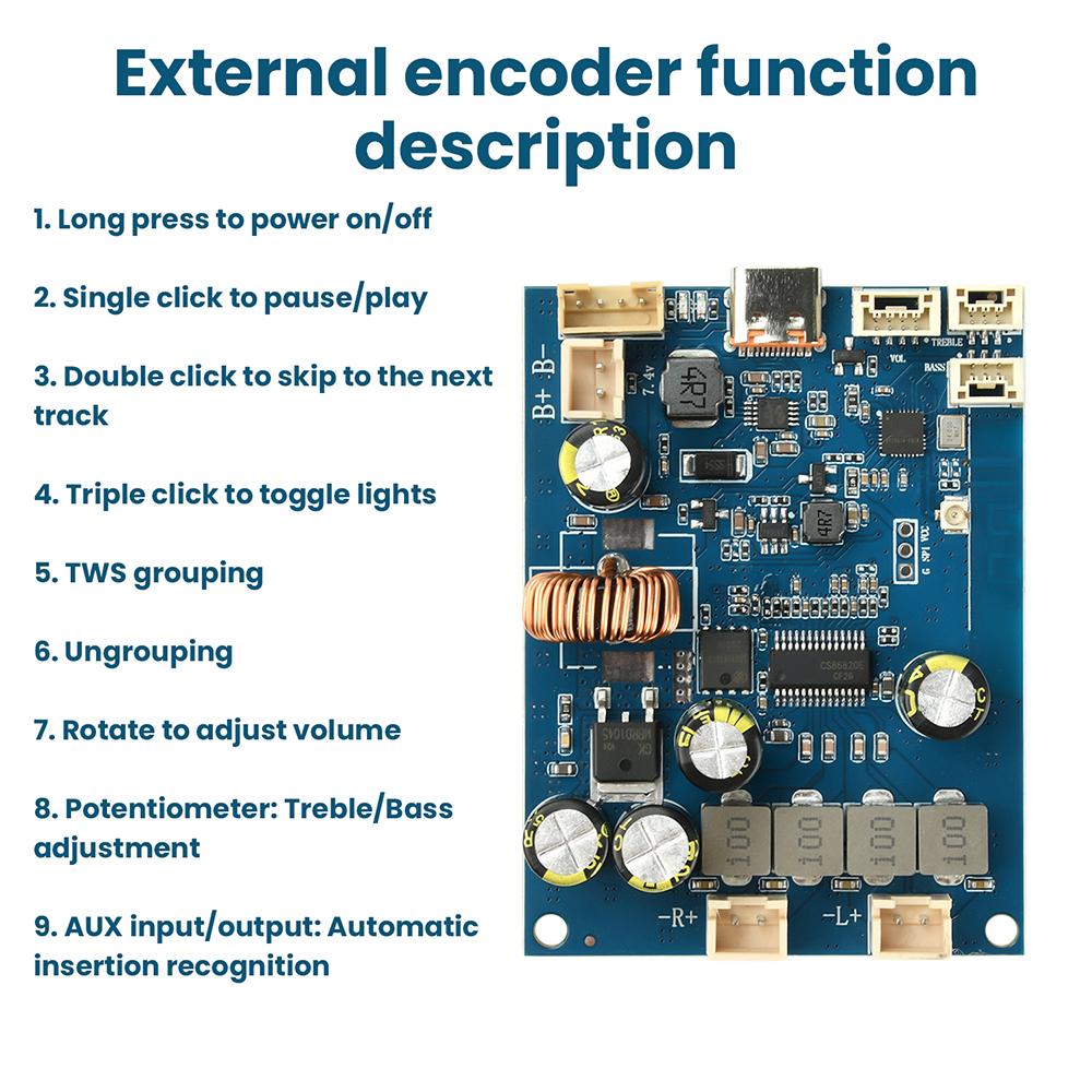 Bluetooth Amplifier Board 2x25W Output High Low Frequency Adjustable Power Amplifier Module DC 6.6V-8.4V With Type-C Charging