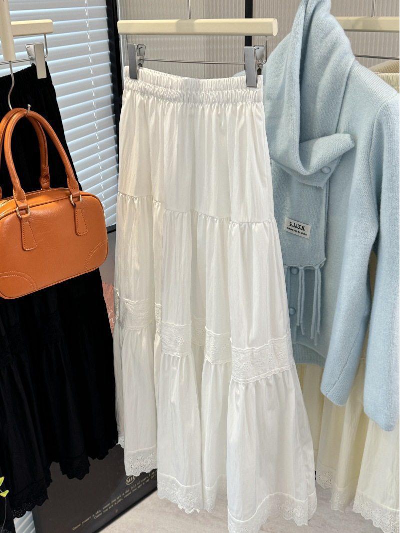 2026 Spring Korean Style Slimming Lace A-Line Layered Skirt One Size белый
