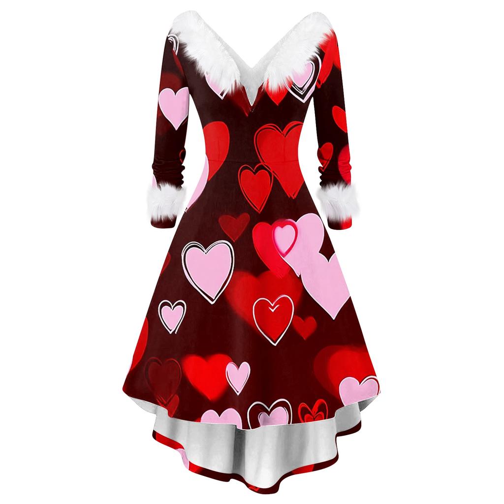 Damen stilvolles und elegantes langärmeliges V-Ausschnitt Kleid mit Valentinstags-Herzprint