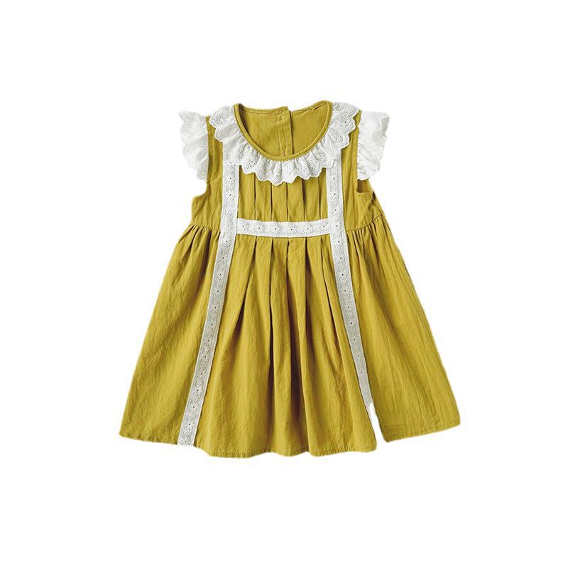 Girls Summer Lace Ruffle Collar Pleated Dress Sweet Princess Flutter Sleeve Hem Skirt