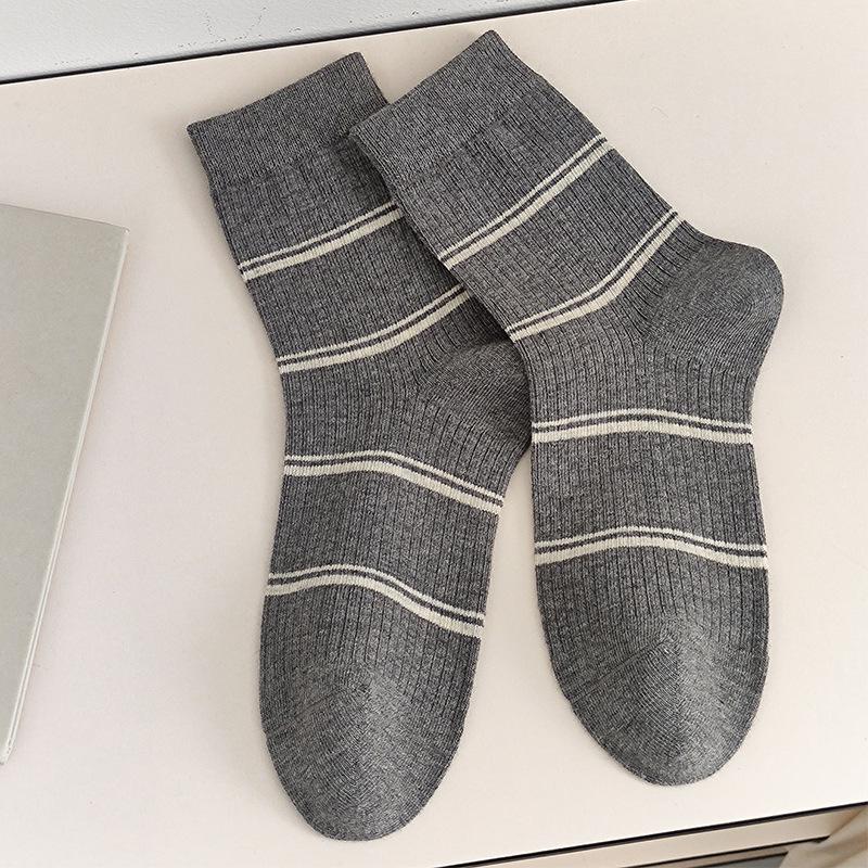 Ladies' Socks, Brown Striped Mid-calf Socks, Maillard Versatile Cotton Socks for Autumn and Winter, Trendy Long Socks for Spring and Autumn