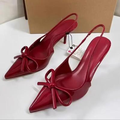 Red Bow Slingbacks High Heels for Woman Sexy Pointed Toe Patent Leather High Heels Autumn Elegant Woman Heeled Shoes