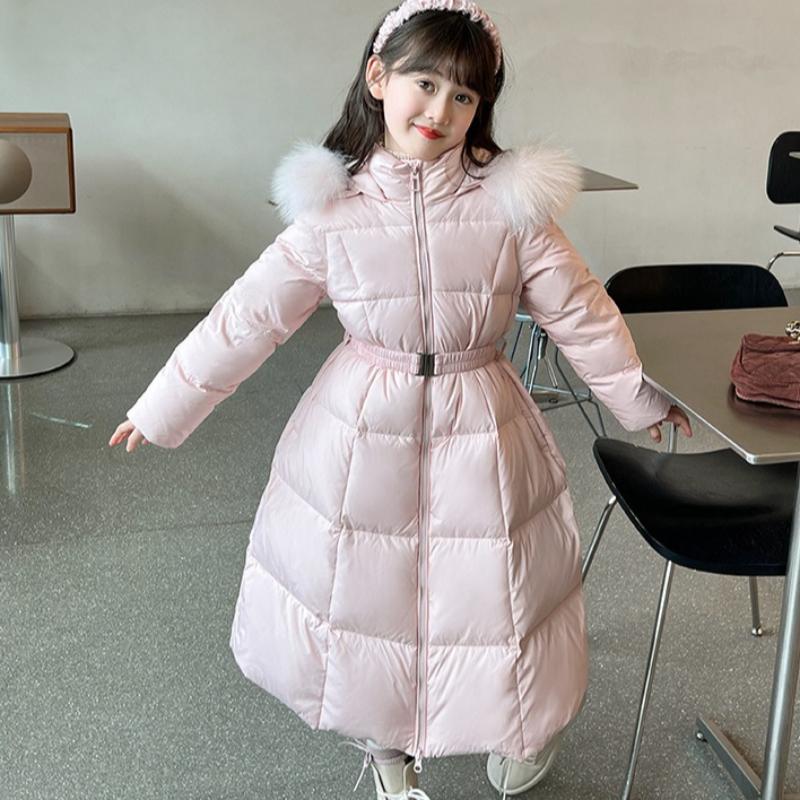 Winter Girls Long Winter Clothes Children's Fashion Large Fur Collar Waist Coat