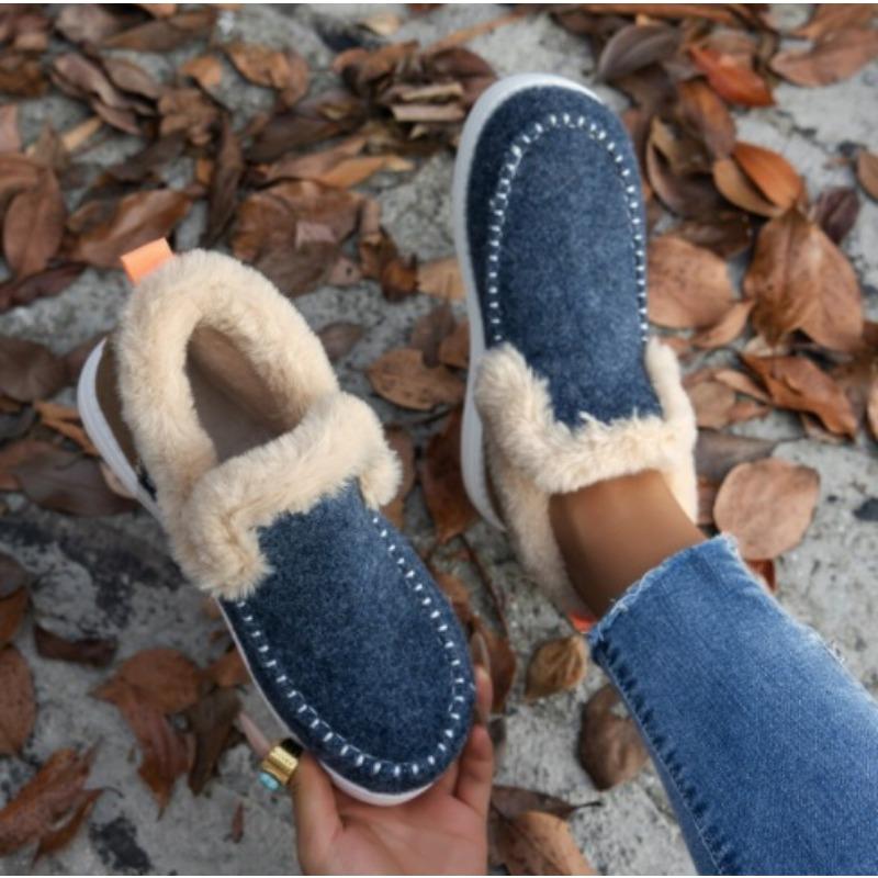 Winter Women's Cotton Shoes Large Size Velvet Thickened Burr Warm Flat Cotton Shoes