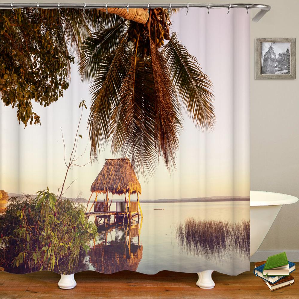 Sunset Dusk Beach Palm Tree Seaside Scenery Fabric Shower Curtain Waterproof Bath Curtains For Bathroom Decorate With 12 Hooks