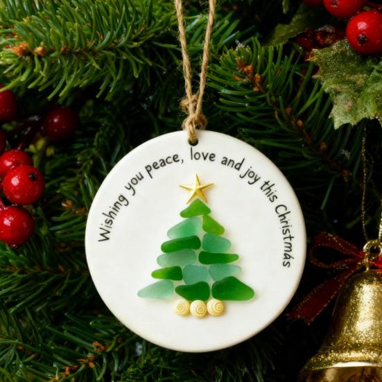 Yousheng Sea Glass Christmas Tree Ornament Coastal Christmas Tree Pendants Handcarfted Sea Glass Art Christmas Decoration for Holiday Home Decor