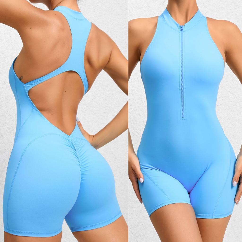 Dámské Bezešvé Přiléhavé Sportovní Jógové Kalhoty se Zipem Broskvové Boky Jednodílný Rychleschnoucí Plisovaný Fitness Overal