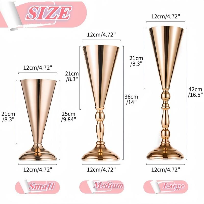Gold Metal Trumpet Vase Stand Cone Flower Holder for Wedding Table Centerpiece, Party & Home Decor 3 Sizes Choose