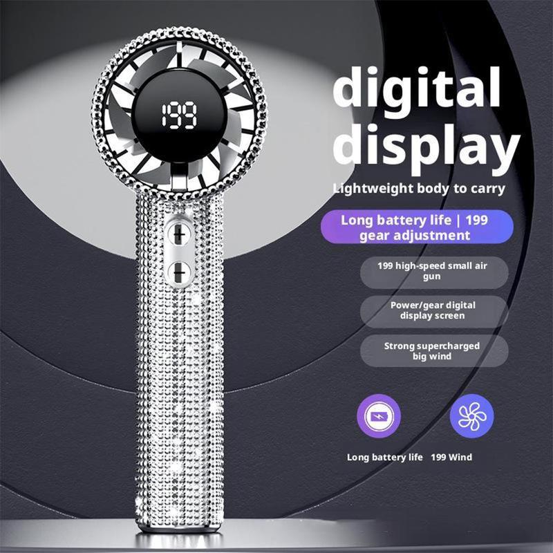 Full Diamond Luxury Craftsmanship Portable Handheld Turbo Fan 3 Gear Wind Long Battery Life With Digital Display