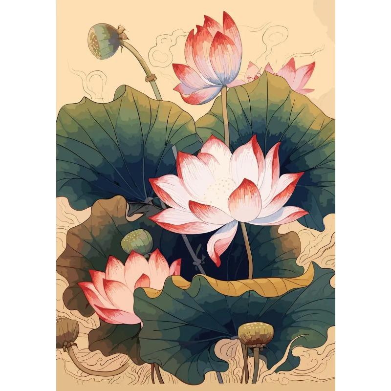 Vintage Traditonal Chinese Style Lotus Flower Pond Moonlight Landscape Art Poster Canvas Painting Wall Prints Picture Home Decor