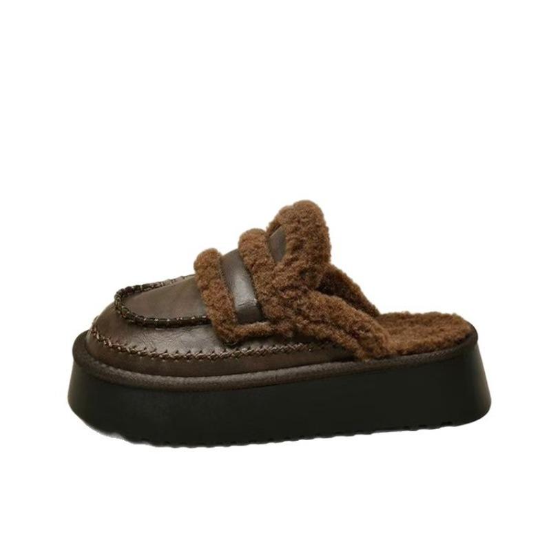 Women Wear Fluffy Slippers New Autumn and Winter Plush Snow Boots Bag Head Half Slippers Cotton Mop Thick Bottom