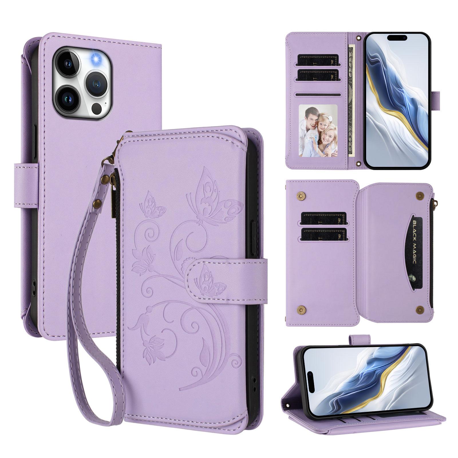 

For iPhone 16 Pro Max Leather Case Butterfly Floral Imprint Zipper Wallet Stand Cover with Wrist Strap Light Purple