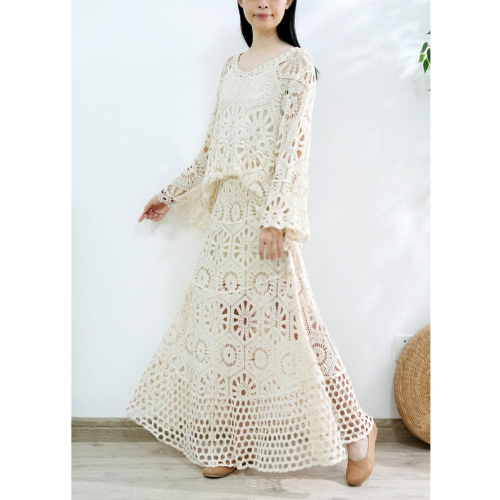 DIMANAF 2025 New Skirt Suit Women  Beach Short Sleeve Lace Knitting Hollow Out Sexy O-Neck Hollow Summer Tops Tees Loose Basic