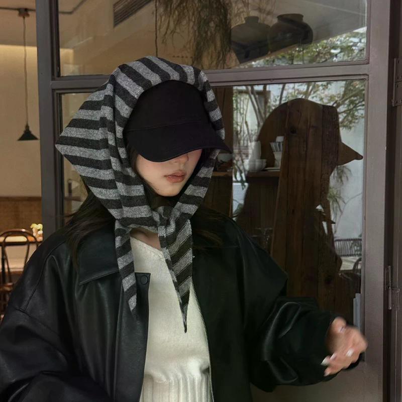 Striped Triangle Scarf Women's Autumn And Winter Knitted Small Scarf Fashionable Warm Versatile Neck Protection Scarf Shawl