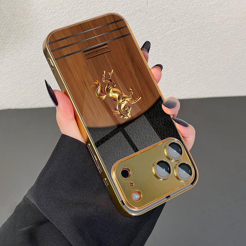 Golden Steed Wood Grain Gold Metallic Paint Glass Phone Case For iPhone 17 11 12 13 14 15 16 Pro Max 15 Plus 17Air 16E Cover